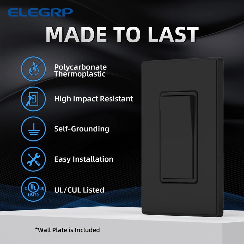 ELEGRP Matte Black Single Pole Decorator Light Switch, 15Amp 120-277V,