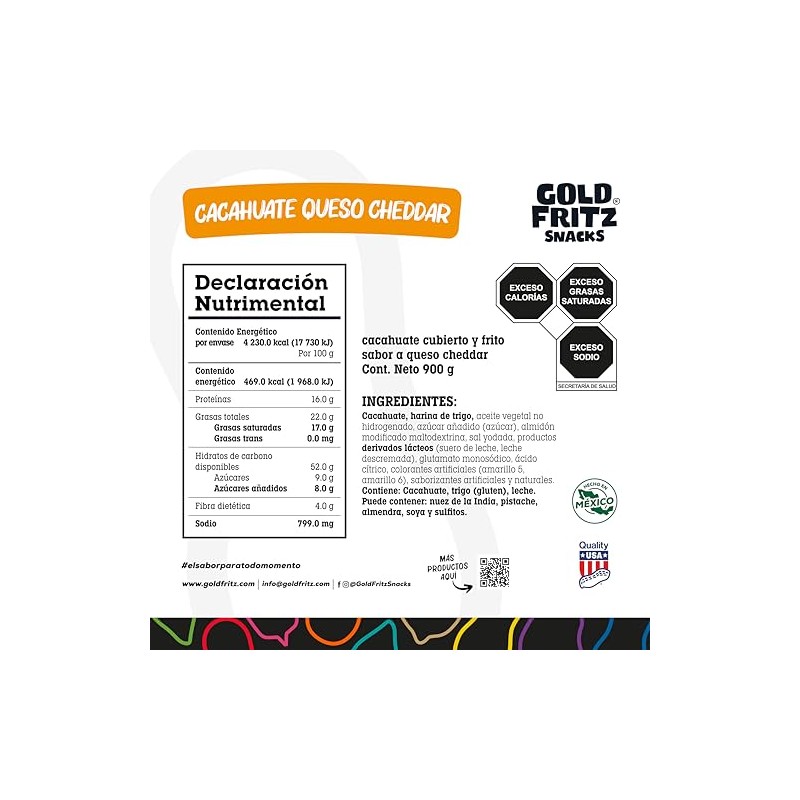 Gold Fritz | Cacahuate Queso Cheddar 900 g | Cacahuates