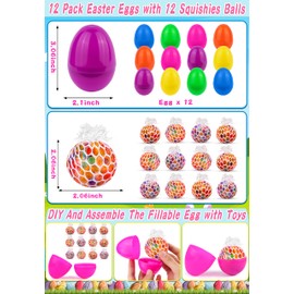 12 Pack Plastic Easter Eggs Filled with Light Up Fidget Stress Balls, Glow in The Dark Squeeze Balls Sensory Toys Easter Party Favors Easter Toys for Kids Teens Easter Egg Hunt Basket Stuffers Fillers