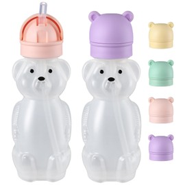 Upgraded 2 Pack Honey Bear Straw Cups for Baby, Toddler - Flip Top, Spill-Proof & Anti-pullout & Pop-up Straw Design - 8 OZ Squeezable Transition Sippy Cup for Speech & Feeding Training, Purple&Pink