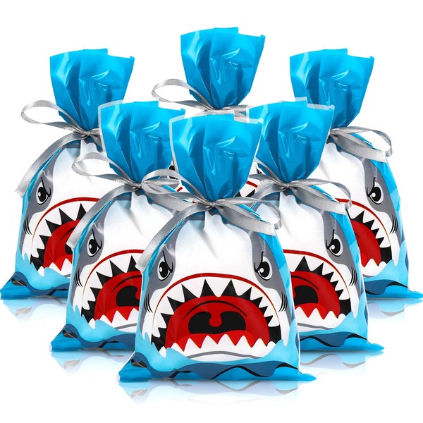 Whaline 100Pcs Shark Treat Bags Summer Ocean Sea Candy Cellophane Bag 6 x 9 Inch Blue Shark Plastic Goody Bags with Grey Ribbon for Birthday Shark Party Favor Supplies Gift Summer Decoration