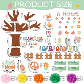 Pajean 83 Pcs Boho Classroom Tree Bulletin Board Set Groovy Hippie Daisy Cutouts 3D Paper Pom Poms Motivational Educational Welcome Class Decor for Elementary Preschool Back to School Wall Decor