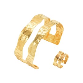 SSKHE Adjustable Gold Cuff Bracelet and Ring Set, Plated Bangle for Women, Perfect for Birthdays, Anniversaries and Christmas