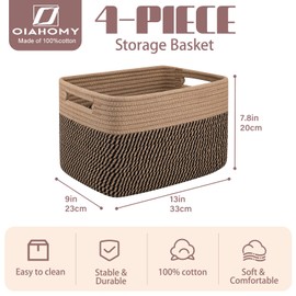 OIAHOMY 4 Pack Storage Baskets for Organizing, Basket for Shelves with Handle, Woven Baskets for Storage Toys, Towels, Books, Cotton Rope Basket 13" L x 9 " W x 7.8 " H, Brown & Black