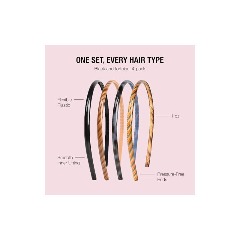 Scunci Effortless Beauty Skinny Plastic Headbands, 4-Count