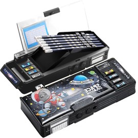 Estuche de Lápices, Multifuncional Lapiceras Organizadoras con Sacapuntas y Cerradura, Organizador de Papelería para el Trabajo de Oficina Escolar, Año Nuevo Regalo para Niños (Astronauta Negro)