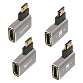90 Degree Mini HDMI to HDMI Adapter 4 Pack, Flat Right Angle (Left and Right) Angle Mini HDMI Male to HDMI Female L-Shaped Converter Connector Support 8K@60Hz,4K@120Hz for Raspberry Pi Zero, Monitor
