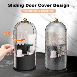 QIYVLOS Toothbrush Holders with Sliding Lid, Rotating 3 Slots Bathroom Organizer Countertop, Tooth Brush Toothpaste Holder Bathroom Counter Stand Caddy for Vanity Makeup Brushes Holder (Black)