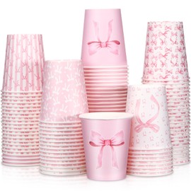 Reallnaive 100 Pcs Pink Bow Paper Cups Bow Party Decorations 9 oz Disposable Coffee Cups Coquette Birthday Decorations Bow Theme Birthday Party Cups for Wedding Bridal Shower Party Supplies