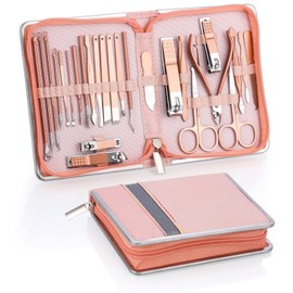 Coolzon Manicure Set, 26-Piece Professional Nail Clippers Set, Stainless Steel Nail Set Tools for Manicure and Pedicure, Cuticle Cleaning, Advanced Zip Pocket Design, Rose