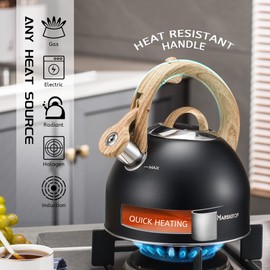 Tea Kettle for Stove Top, Food Grade Stainless Steel Whistling Teapot with Wooden Anti-Hot Handle, 2.6Quart (Black)