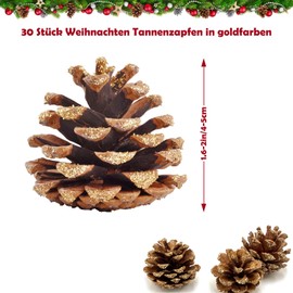 30pcs Christmas Large Pine Cones with Gold Glitter, 1.2-2 inch Natural Pinecones for Decorating, Pine Cones Decorations for Fall, Christmas DIY Crafts,Vase & Bowl Filler,Home Decor,Thanksgiving,Winter