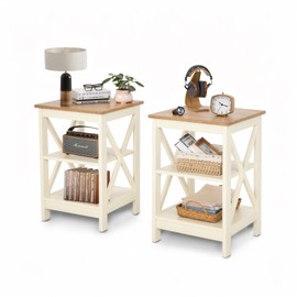 ALPHA HOME Side Table, Farmhouse End Table Set of 2, Bedside Table 3-Tier Storage Shelf for Small Spaces, Sofa Couch Table, Coffee Table, Nightstands Set for Living Room, Bed Room, Ivory