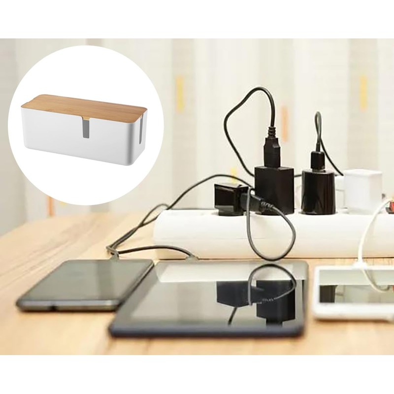 Cable Box with Bamboo Lid, Cable Organiser Box, Cable Storage