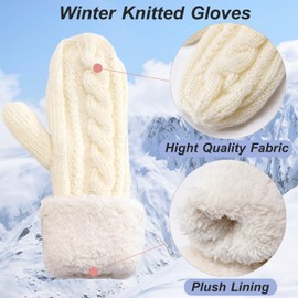 Beurlike Winter Gloves for Women Warm Fleece Lining Mittens Girls Cozy Knit Thick Mittens for Cold Weather Outdoor(White)