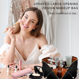 EECH Makeup Bag Large Capacity Travel Cosmetic Bag Travel Makeup Bag Waterproof Leather Portable Makeup Organizer Bag with Dividers Flat Makeup Bag for Women, smooth-black