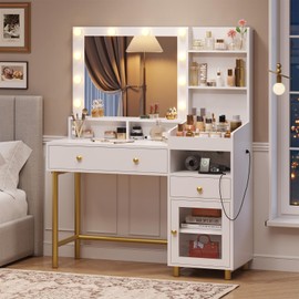 VIAGDO White Vanity Desk with Mirror and Lights, Makeup Vanity with Charging Station & 3 Storage Compartments, Makeup Desk with Drawers and Open Storage Shelves, Bedroom Dressing Table
