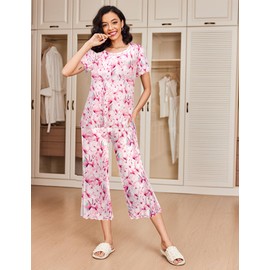 Ekouaer 2 Pack: Women's Set Short Sleeve Pj Top Capri Pants - Pajamas Sets Lounge & Sleepwear Set Butterfly/Gray Stripe,Large