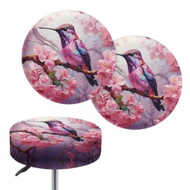 GLENLCWE 2Piece Pink Hummingbird Plum Blossom Round Bar Stool Cover Cushion with Elastic Band,Round Chair Seat Cushion for Women Bar Stool Chair Cover Padded,13-15inch