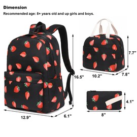 Mimfutu Strawberry School Backpack for Teen Girls, 3-in-1 Kids Backpack Bookbag Set School Bags with Lunch Box Pencil Case
