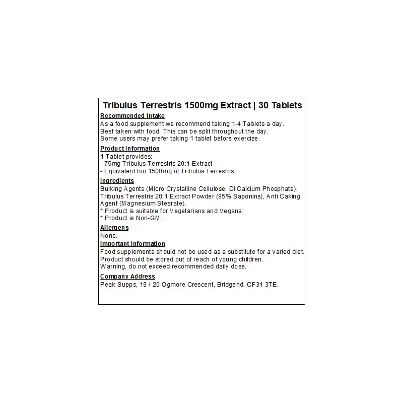 Tribulus Terrestris 1500mg - 30 Tablets - Vegan Friendly