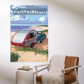 36x54 Inch Giclee Print, Oregon Coast, Retro Camper on Beach