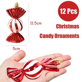 12Pcs Christmas Glitter Candy Ornaments,Plastic Xmas Candy Christmas Tree Pendant,Hanging Decoration for Xmas Nwe Year Winter Home Party Supplies (Red)