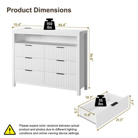 Fluted 6 Drawer Dresser with Power Outlet and LED Lights,Modern Chest of Drawers with Charging Station,Large Dresser TV Stand,Double Wooden Drawer Organizer for Bedroom,Living Room, Hallway(White)