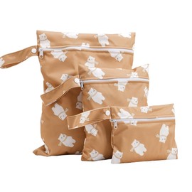 KKTAPOS Diaper Wet Dry Bags for Baby Cloth Diapers - 3pcs/set Waterproof Reusable Washable Travel Bags, Gym Bag, Pool, Daycare Soiled Baby Items Yoga Gym Bag for Swimsuits & Wet Clothes (Brown&Bear)