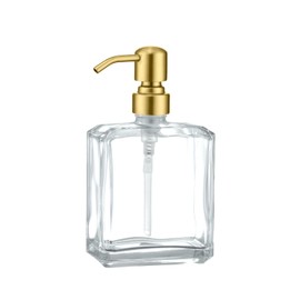 Kmeino Square Clear Glass Dish Soap Dispenser Brushed Gold Pump, Antique Refillable 13.5 oz Lotion Hand Soap Dispenser with Rust Proof Stainless Steel Pump for Bathroom Kitchen Countertop
