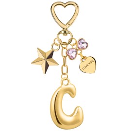 Suweibuke Gold Bubble Initial Letter Keychain, Women Girl Bags Charms Gift - Mother's Day Birthday Christmas Valentine's Gift (C-Gold Letter Pink Rhinestone)