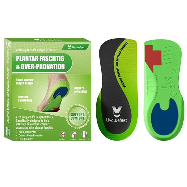 3/4 Length Orthotic Insoles for Plantar Fasciitis, Flat Feet, Overpronation,