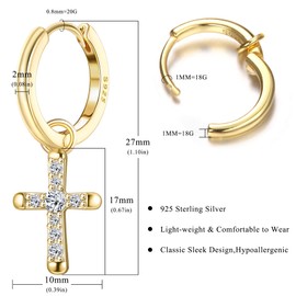 Milacolato 925 Sterling Silver Cross Earrings for Men Women Dainty CZ Huggie Hoop Earrings Iced Out Cross Dangle Earrings Lightweight Huggie Cuff Dangle Earrings for Men Women