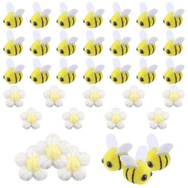 Bee Decoration Set, 24 Pieces Felt Mini Bee, with 12 Pieces Crochet Flowers White, Cute Bees, Felt Bees, Handmade Crochet Flowers, Small Bee Decoration, Bee Mini Felts, for DIY, Crafts