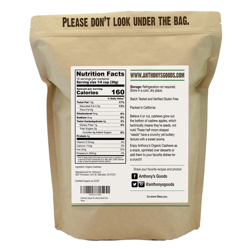 Anthony's Organic Whole Cashews, 1 lb, Raw, Unsalted & Gluten