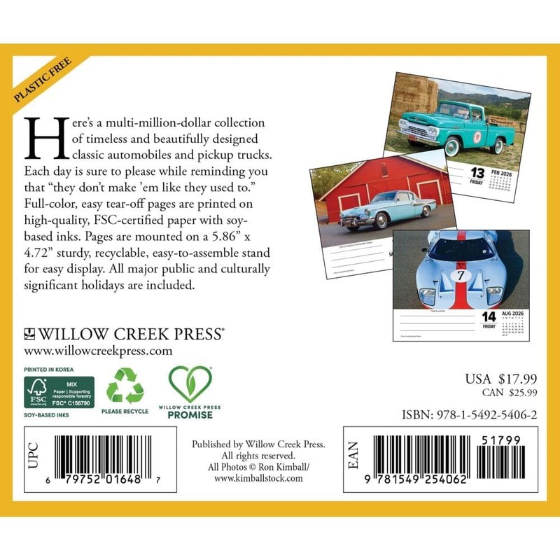 Willow Creek Press, Cars and Trucks Classic 2026 Desk Calendar,