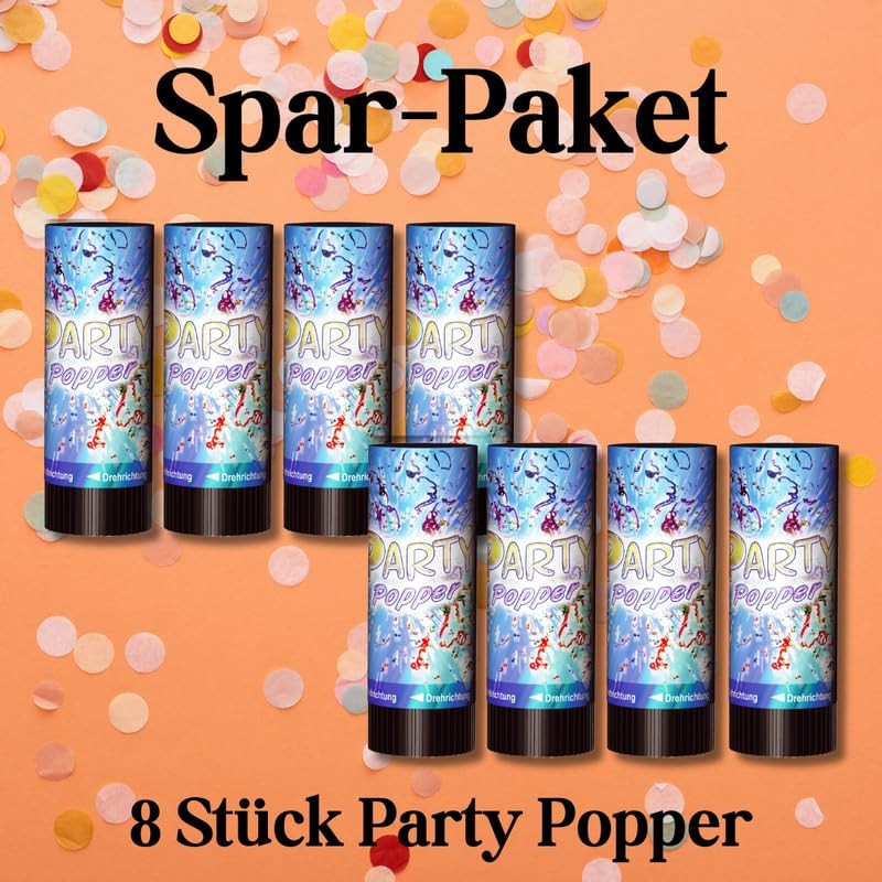 8 x Party Poppers, 10 cm with Confetti and Streamers