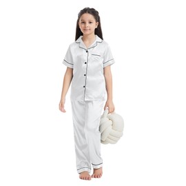 Alunsito Kid Girls Boys Silk Satin Pajamas Set Long Sleeve Sleepwear Button-Down Pjs Set 2 Pcs Fall Winter Nightwear Sets 160 White 13-14 Years