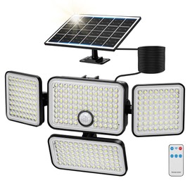 LUMLLSAJI Solar Flood Lights Outdoor 3000Lumen, 4 Heads 6500K Motion Sensor Light with 20 Ft Cable, Remote Control 3 Modes, IP65 Waterproof 270° Security Flood Lights for Garage, Yard, Wall,Driveway