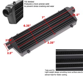 28"x7"x2.5" Universal Intercooler Piping Kit with Front Mount Intercooler + 12pcs 2.5" Chrome Piping + 12pcs Coupler Hoses + 24pcs T-Bolt Clamps (Black Intercooler)