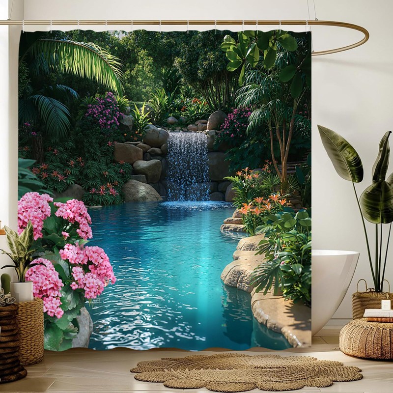 Tropical Landscape Shower Curtain,Waterfall Forest Flower Jungle Lake Nature Scenery