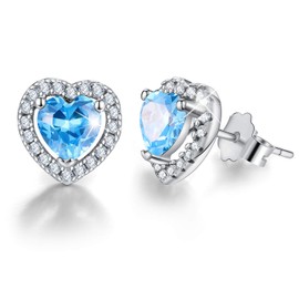 Esberry 18K Gold Plating 925 Sterling Silver Birthstone Love Heart Stud Earrings Cubic Zirconia Hypoallergenic Earrings Birthday gift for Women and Girls (March-Aquamarine)