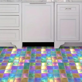 IOHEFY 10PCS 12x12 Inch Peel and Stick Floor Tiles Iridescent Rainbow Mosaic Self Adhesive Vinyl Tile Bathroom Kitchen Decor Removable Colorful Glossy Flooring