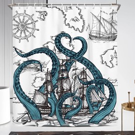 Coxila Nautical Octopus Shower Curtain Extra Long XL Large Funny Fun Kraken Monster Ocean Anime Pirate Sea Life Navigation Cool Sailboat Ship 72 x 84 Inch Polyester Fabric 12 Pack Hooks