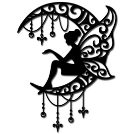 CREATCABIN Fairy Metal Decor Angel Moon Wall Decoration Black Fairy Sculptures Hollow Out Wall Hanging Statue Ornament Wall Art for Housewarming Gifts Outdoor Garden Farmhouse Living Room 12 x 9Inch