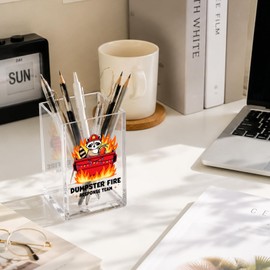 YAZMEEN Raccoon Dumpster Fire Gift Acrylic Pen Holder - Dumpster Fire Response Team Desk Organizer - Office & Home Desk Accessories - Funny Office Gift for Women, Men, Coworkers