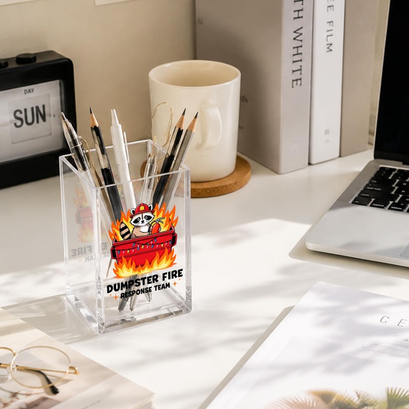 YAZMEEN Raccoon Dumpster Fire Gift Acrylic Pen Holder - Dumpster