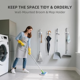 Aenfaiy Broom Holder Wall Mount with Screws (4 Pack) Broom and Mop Organizer Wall Hanging, Anti-Slip Mop Holder Broom Hanger with Hooks, Stainless Steel Tool Rack for Garden Garage Organization