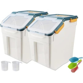 YXQ 50LB Large Flour Storage Container Bin,2 Pack Airtight Plastic with Wheels Seal Locking Lid Dispenser Organizer Bin with Measuring Cup & Scoop for Flour, Rice, Grain 100LBS Total Capacity(Blue)
