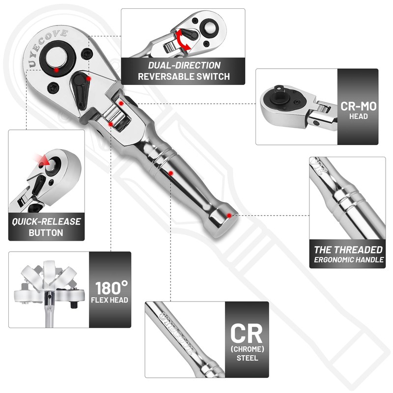 UYECOVE 1/4 3/8 Inch Drive Stubby Ratchet Set, Flex Head
